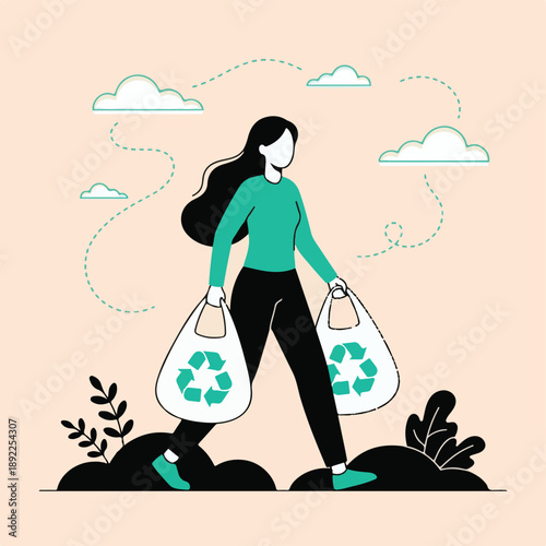 Woman with reusable recycling bags promoting eco-friendly sustainable lifestyle