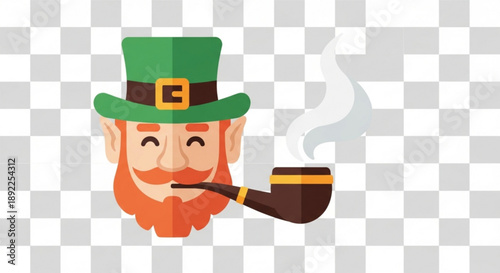 Smiling leprechaun with green hat and smoking pipe on transparent background