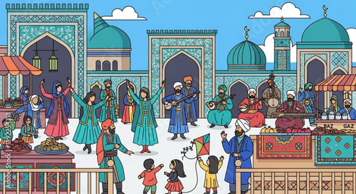 Traditional Middle Eastern People Celebrating in Front of Mosque with Domes and Minarets, Vector Illustration
