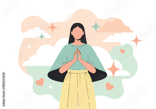 Woman meditating or praying surrounded by serene, spiritual elements