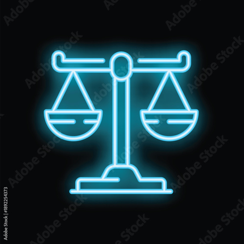Glowing neon blue scales are balancing on black background representing law, justice, and fairness