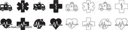 Medical Emergency Healthcare Icons Set Vector with Ambulance, Star of Life, Heartbeat, and Cross Symbols isolated PNG with Transparent Background