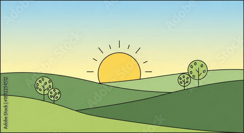 Sunset over Rolling Green Hills with Trees