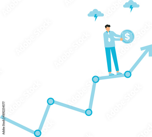 Risk and uncertainty and investment volatility or stock market and crypto currency fluctuation up and down, all weather strategy concept, businessman acrobat planning to walk on risky investment graph