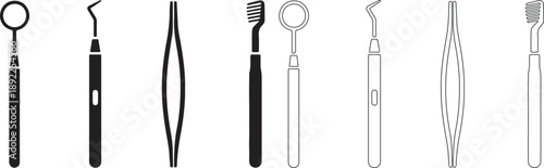 Set of Dental Instruments Vector Icons. Black Solid and Outline Tooth Care Tools Collection. isolated PNG with Transparent Background