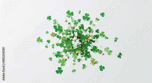 Green four leaf clover explosion on white background st patrick's day symbol of luck and fortune