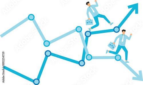 Profit and loss and investment direction or economic forecast, growth and decline in profit, make money or losing money concept, businessman running on rising up and down graph and decline recession d