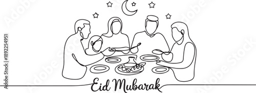 Continuous one line drawing eat with family in Eid Mubarak. one line Art icon drawing vector