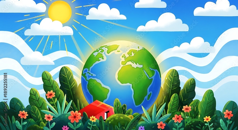 Naklejka premium Vibrant illustration of a green earth with a sunny sky and lush landscape