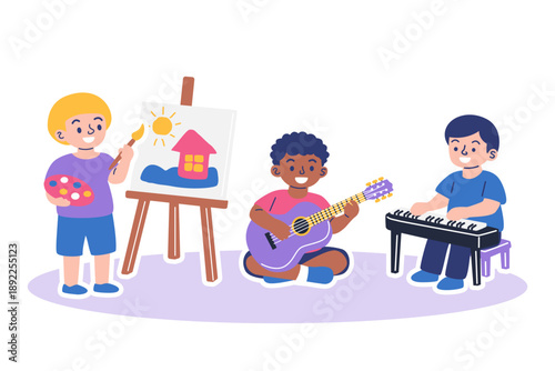 Cute Cartoon Children Enjoying Creative Arts and Music