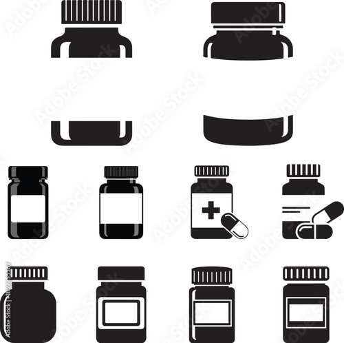  Opaque black medicine bottle with empty white label for text, isolated on white background.eps
