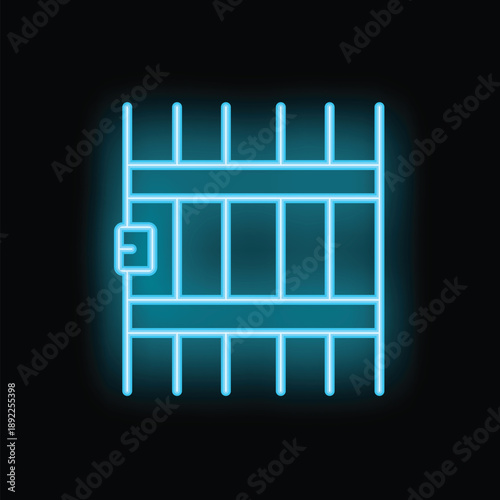 Neon blue icon of jail bars glowing on a black background