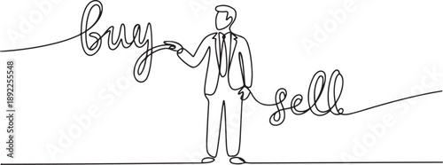 Single continuous line drawing trader standing looking with buy and sell sign. one line Art icon drawing vector