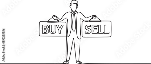 Single continuous line drawing trader standing looking with buy and sell sign. one line Art icon drawing vector