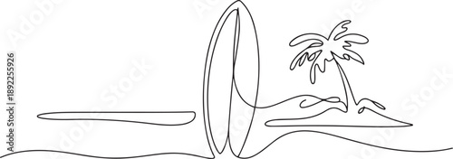 Continuous single one line surfing board standing up in sand beach with palm tree. Vector illustration. one line Art icon drawing vector