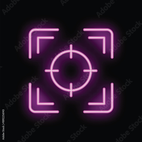 Glowing neon purple focus target symbol is on a black background