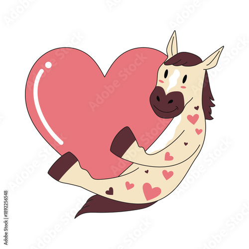 Cute cartoon a smiling horse hugging a pink heart, floating joyfully, horse vector hand drawn