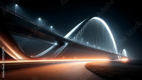 timelapse city street with car light fast under futuristic big long bridge at night