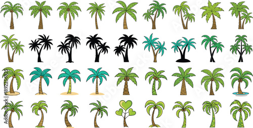Palm tree vector icon set collection featuring tropical coconut palm silhouettes cartoon and flat illustrations