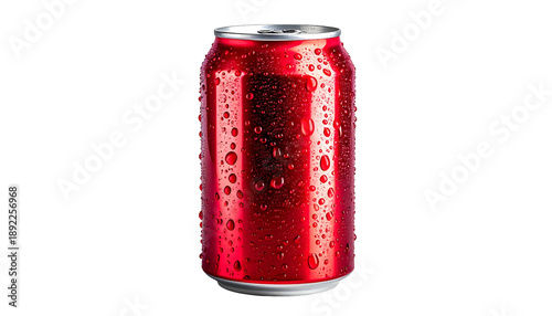 A shiny red beverage can with condensation, isolated on a black background