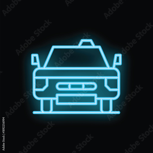 Bright blue neon taxi cab icon glowing on a black background