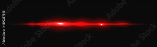 Light red laser with neon beam flare and bright glow for tech background. Speed energy ray with digital shine effect in black space technology. Abstract transparent horizontal line vector