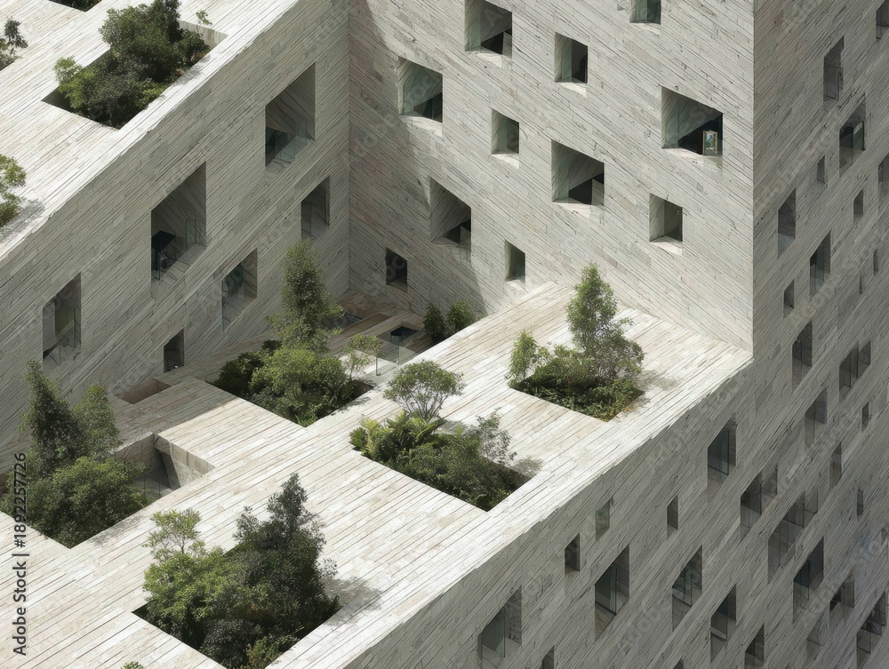 Obraz premium Architectural Marvel: Building with Greenery and Modern Design Facade