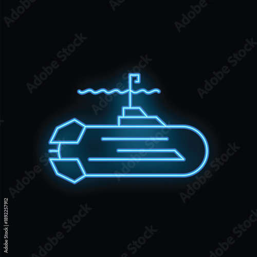 Slika na platnu Blue neon icon of a submarine surfacing with its periscope above water on a blac