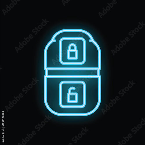 Glowing blue neon locker showing open and closed padlocks representing the concept of data security