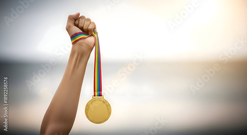Person holding up a gold medal with a rainbow ribbon on a blurred background symbolizing achievement and success