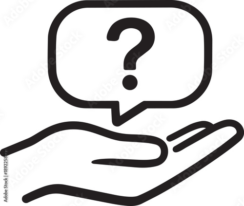 Hand holding a speech bubble with question mark, representing support and inquiry