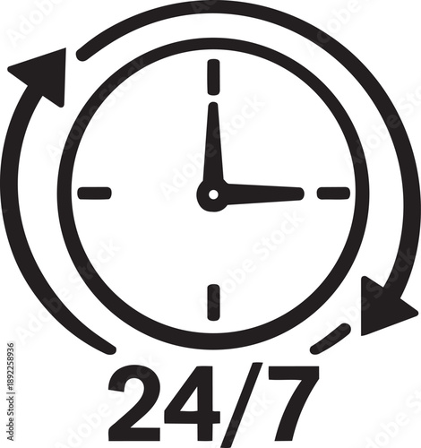 24/7 service icon: Clock with circular arrows and '24/7' text, symbolizing round-the-clock availability and support