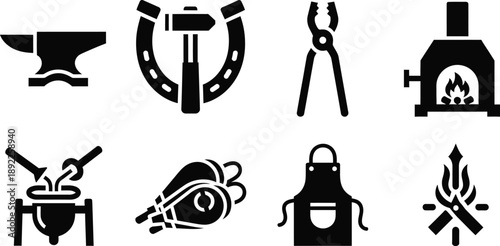 Black silhouette icons of various tools and equipment for metalworking and fire