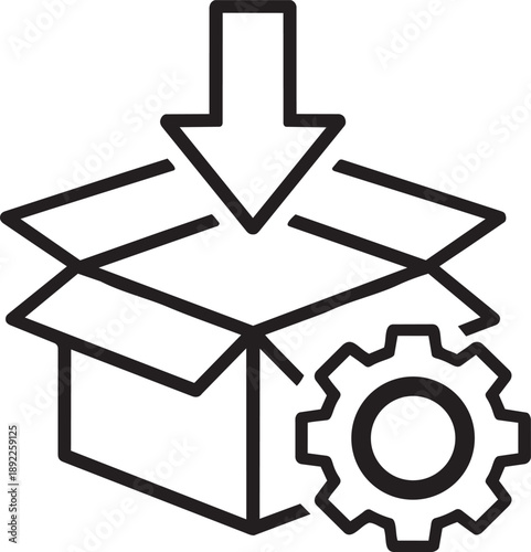 Shipping and logistics icon: Open box with an arrow pointing down and a gear, representing efficient delivery and assembly