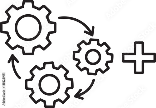 Line art illustration of three gears interacting with arrows showing rotation, plus a plus sign, symbolizing process and addition.