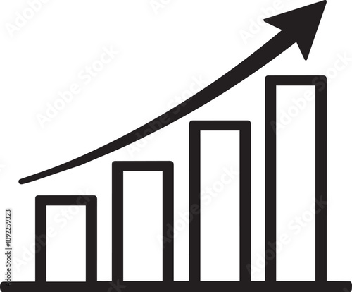 Black and white icon representing a bar chart with an upward trending arrow, indicating growth and positive performance.