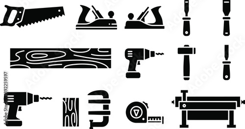 Collection of various carpentry and woodworking tools icons in black