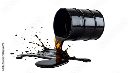 A black barrel tips, spilling dark liquid onto a black surface, creating a glossy puddle
