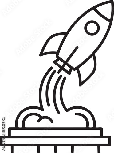 Rocket launching from a platform with exhaust fumes, symbolizing startup, launch, speed, and rapid growth.