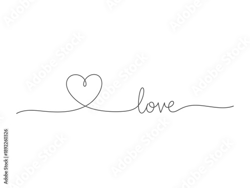Continuous line drawing of the word 'love' connected to a heart shape, elegant and romantic