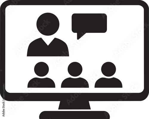 Video conference icon showing participants on a computer screen, representing online meetings and remote communication.
