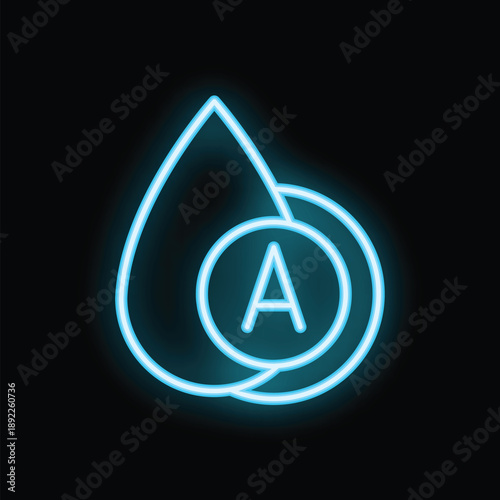 Glowing blue neon icon of two drops of blood with blood type a inside a circle on a black background