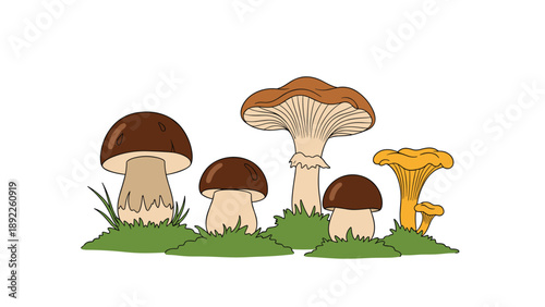 Selection of various brown and yellow mushrooms growing together in small patches of green grass for foraging and forest nature themes.