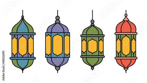 Colorful Lanterns of Tradition: A quartet of intricately designed lanterns, each a vibrant testament to cultural heritage and festive illumination.