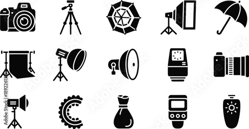 Collection of photography equipment and lighting tools icons in black