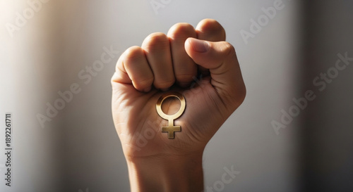 Fist holding female gender symbol empowerment and strength concept close up shot with soft lighting and blurred background