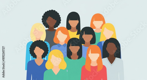 Diverse group of women standing together multicultural faces various hairstyles colorful clothing flat illustration minimalist style no facial features