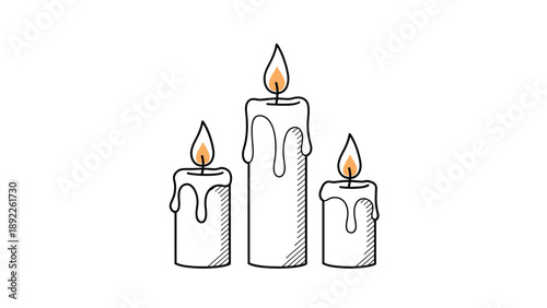 Three white candles of varying heights with orange flames and melting wax drippings are drawn in a simple hand sketched line art style.