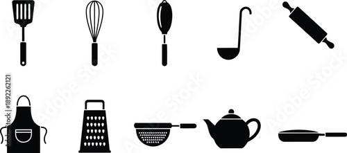 Black and white vector icons set of kitchen utensils and cooking equipment