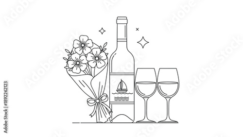 Elegant line drawing of a wine bottle, two filled glasses, and a beautiful bouquet of flowers for a celebration or romantic date.